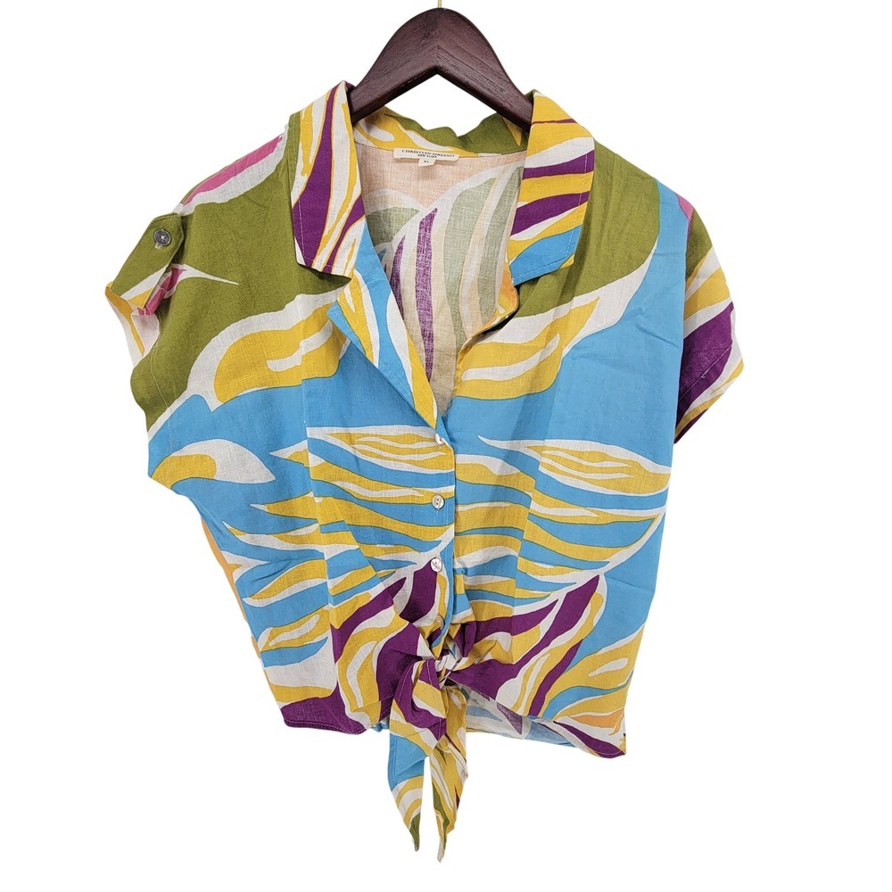 Christian Siriano New York Linen Blend Tie Front Abstract Tropical Shirt XL